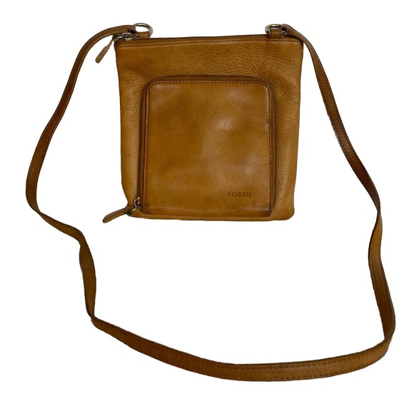 Fossil Handbags - Fossil Whiskey Saddle Brown Leather Crossbody Shoulder Bag Zip Pockets Organizer